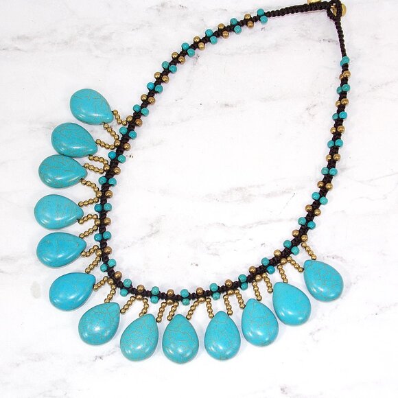 Turquoise stone necklace with teardrop shape stones, gold beads, fabric necklace - Picture 7 of 10